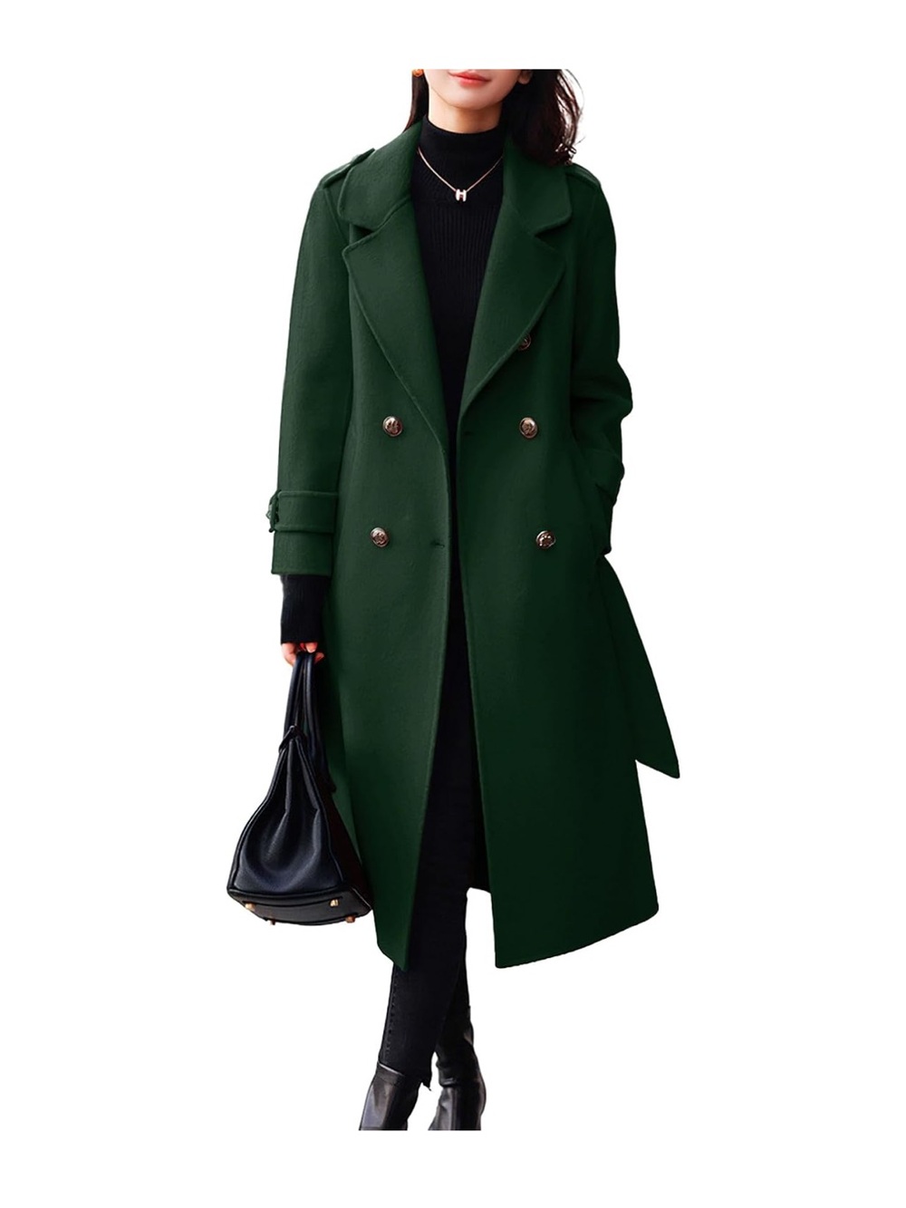 Winter Belted Wool Peacoat Double Breasted Midi Long Trench Dressy Coat with